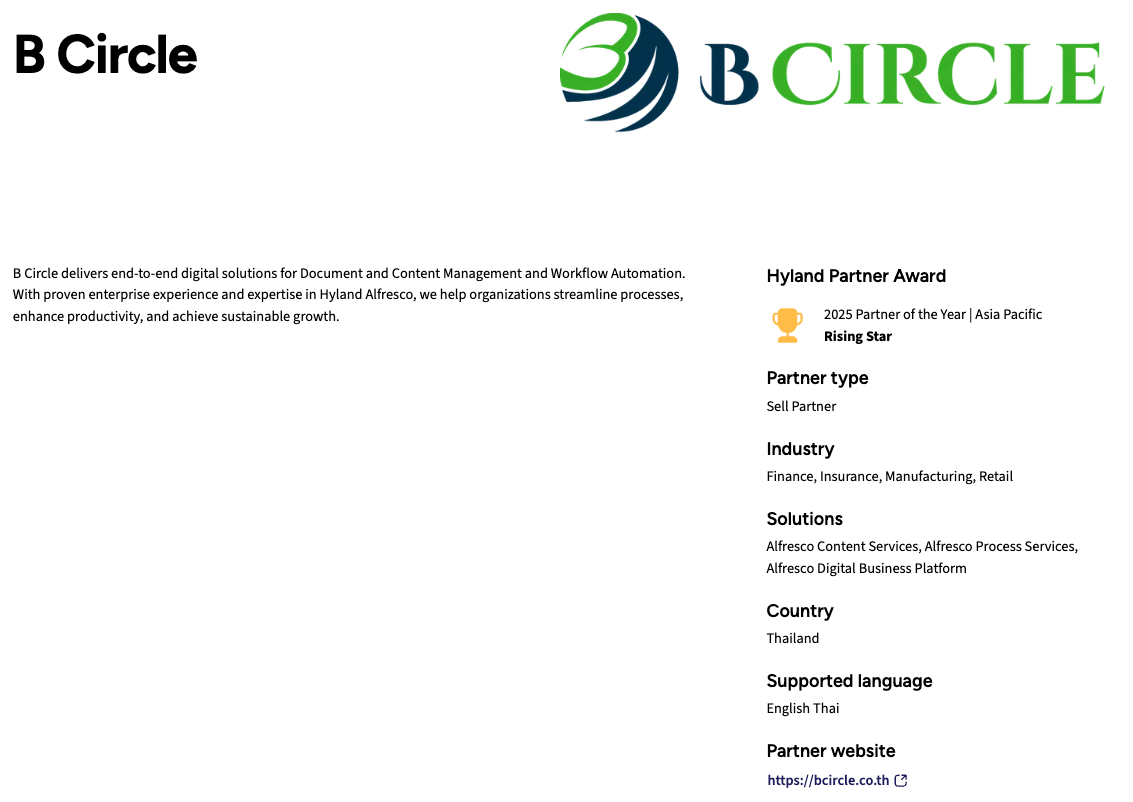 B Circle ได้รับรางวัล 2025 Partner of the Year | Asia Pacific – Rising Star จาก Hyland